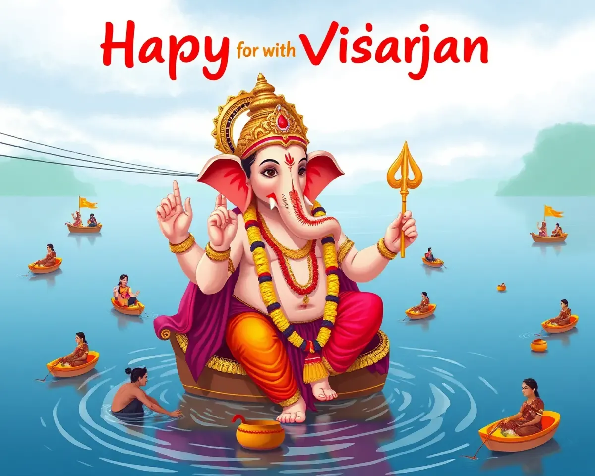 Vibrant Ganesh Visarjan Illustration with Devotees and Boats