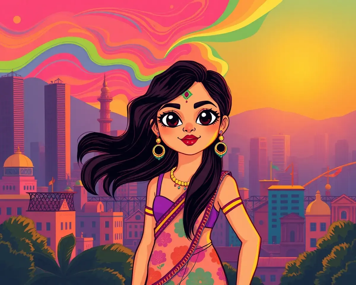 Vibrant Holi Girl in Front of Cityscape with Swirling Colors