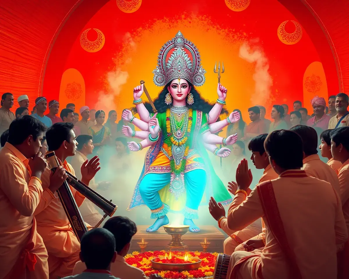 Vibrant Mata Jagran Ceremony with Goddess Durga Idol and Music