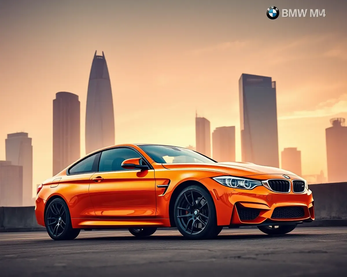 Vibrant Orange BMW M4 Wallpaper: Cityscape Background