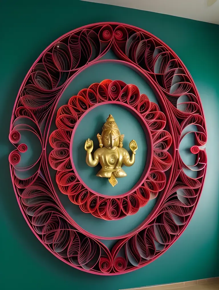 Vibrant Paper Quilled Ganesha Mural with Om Symbol and Swirling Patterns