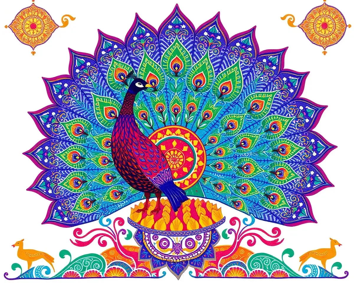 Vibrant Peacock Spreads Colors on Seva Nivrutti Card