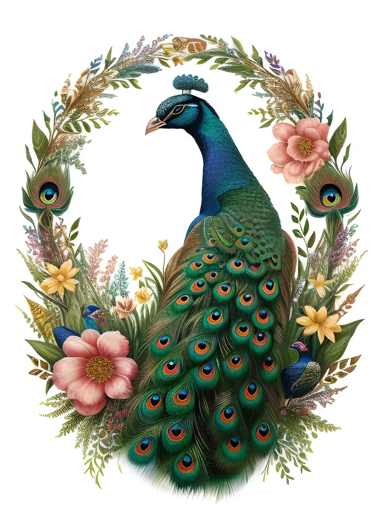 Vibrant Peacock Stone Carving Amidst Flowers