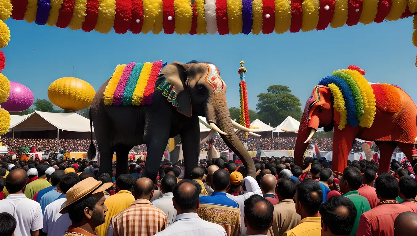Vibrant Pooram Festival Scene with Majestic Elephant Centerpiece