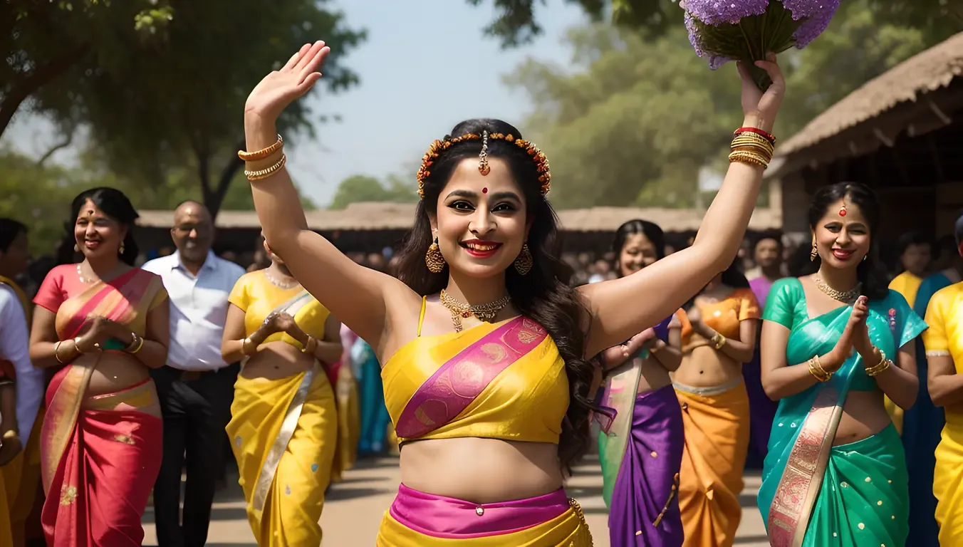 Vibrant Satyabhama Dancing with Flowers and Friends.