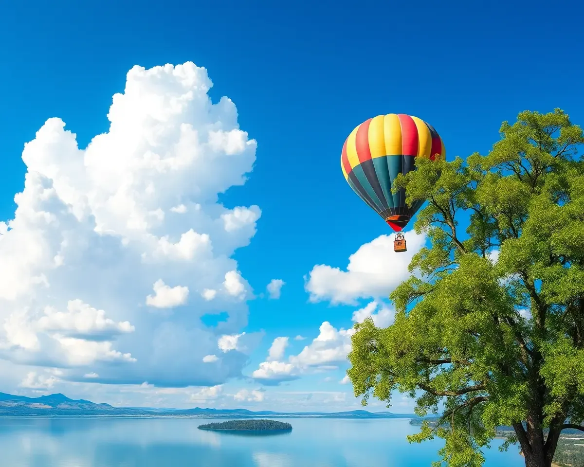 Vibrant Sky Poster with Hot Air Balloon and Serene Lake