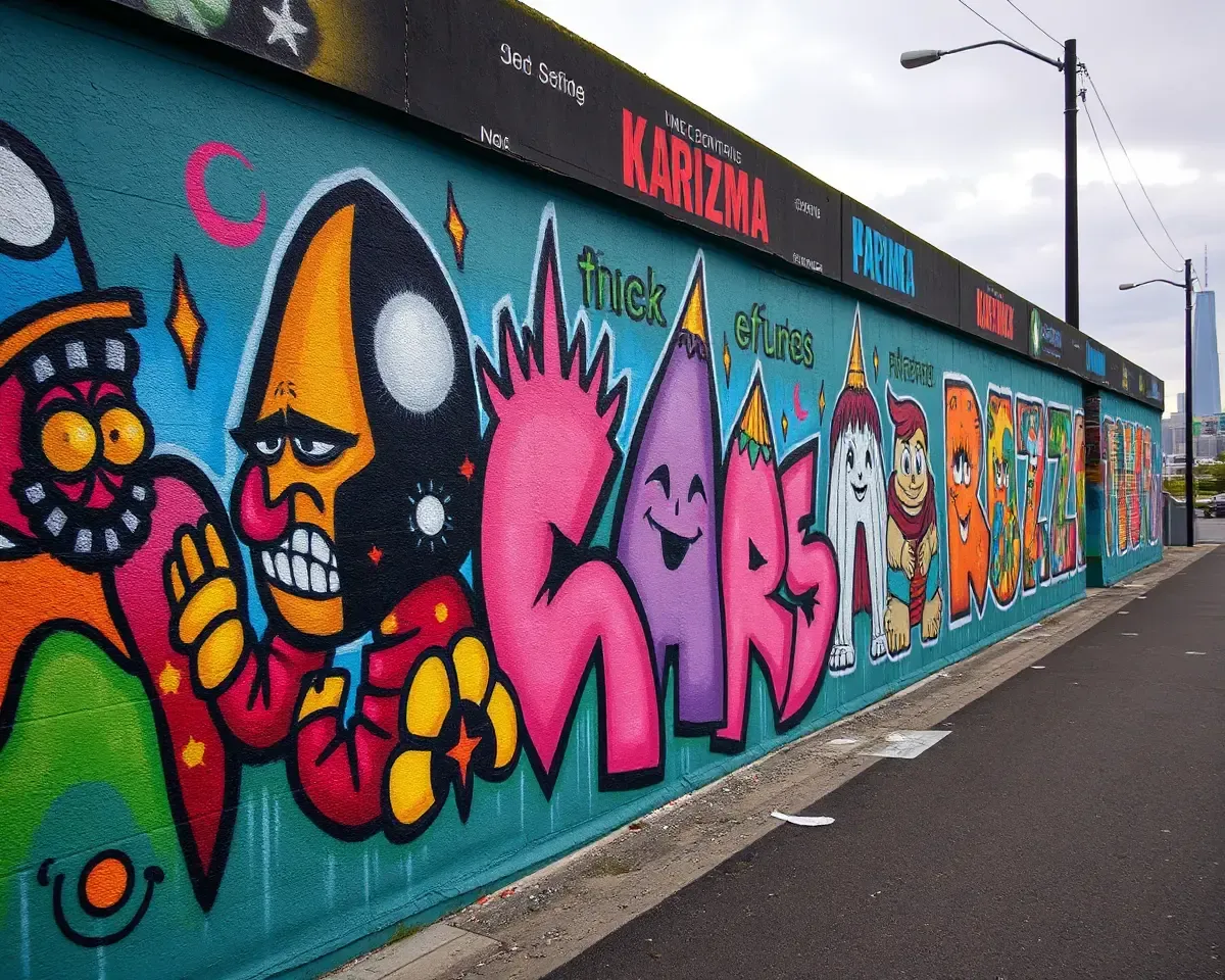 Vibrant Street Art Mural with Karizma Background of Cityscape