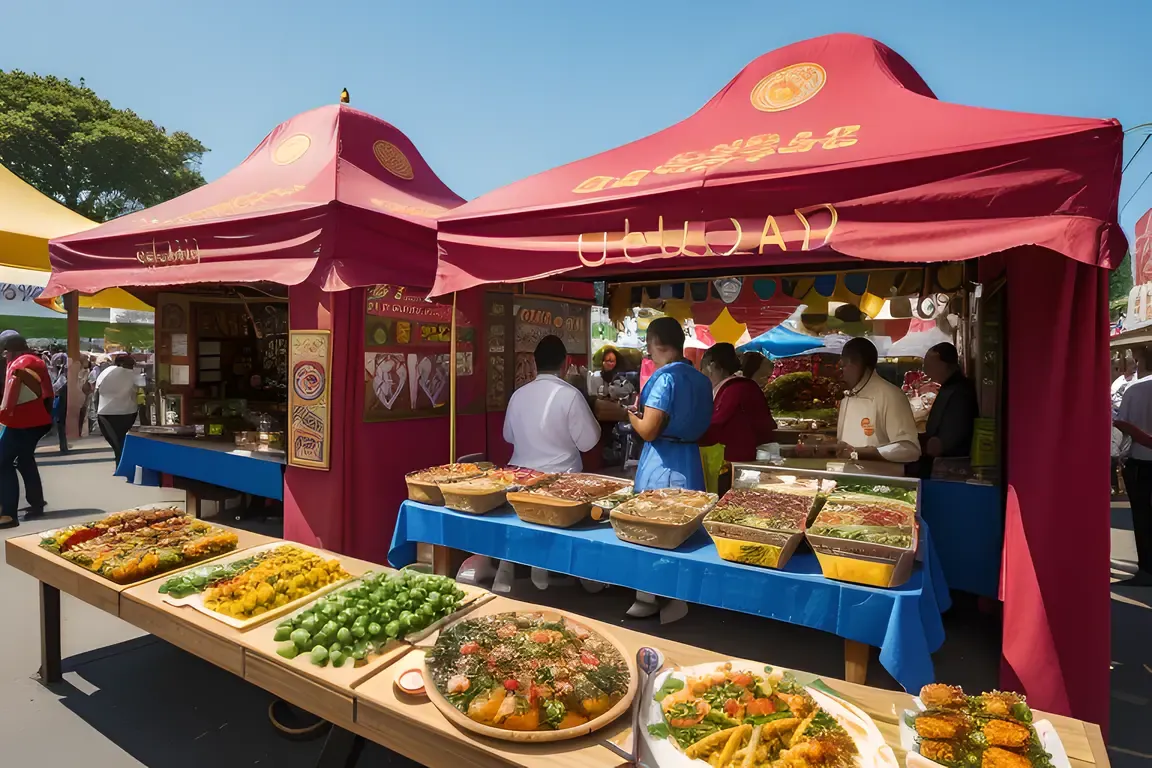 Vibrant Street Festival with Colorful Food Stalls and Happy Crowd