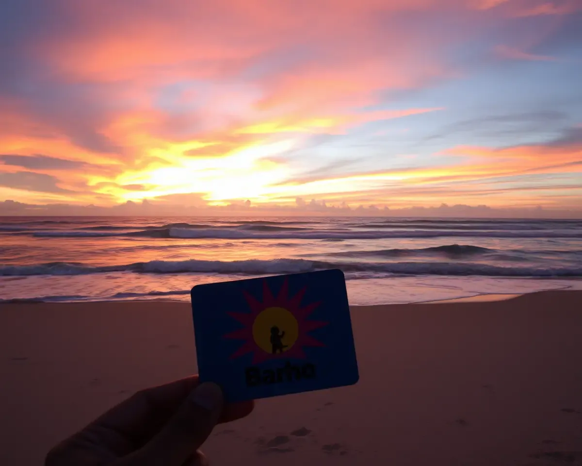Vibrant Sunset Scene with Barho Card and Ocean Waves