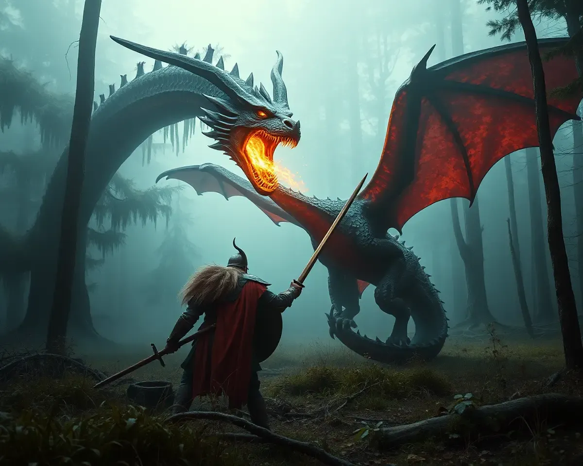 Viking Warrior Battling Dragon in Mystical Forest