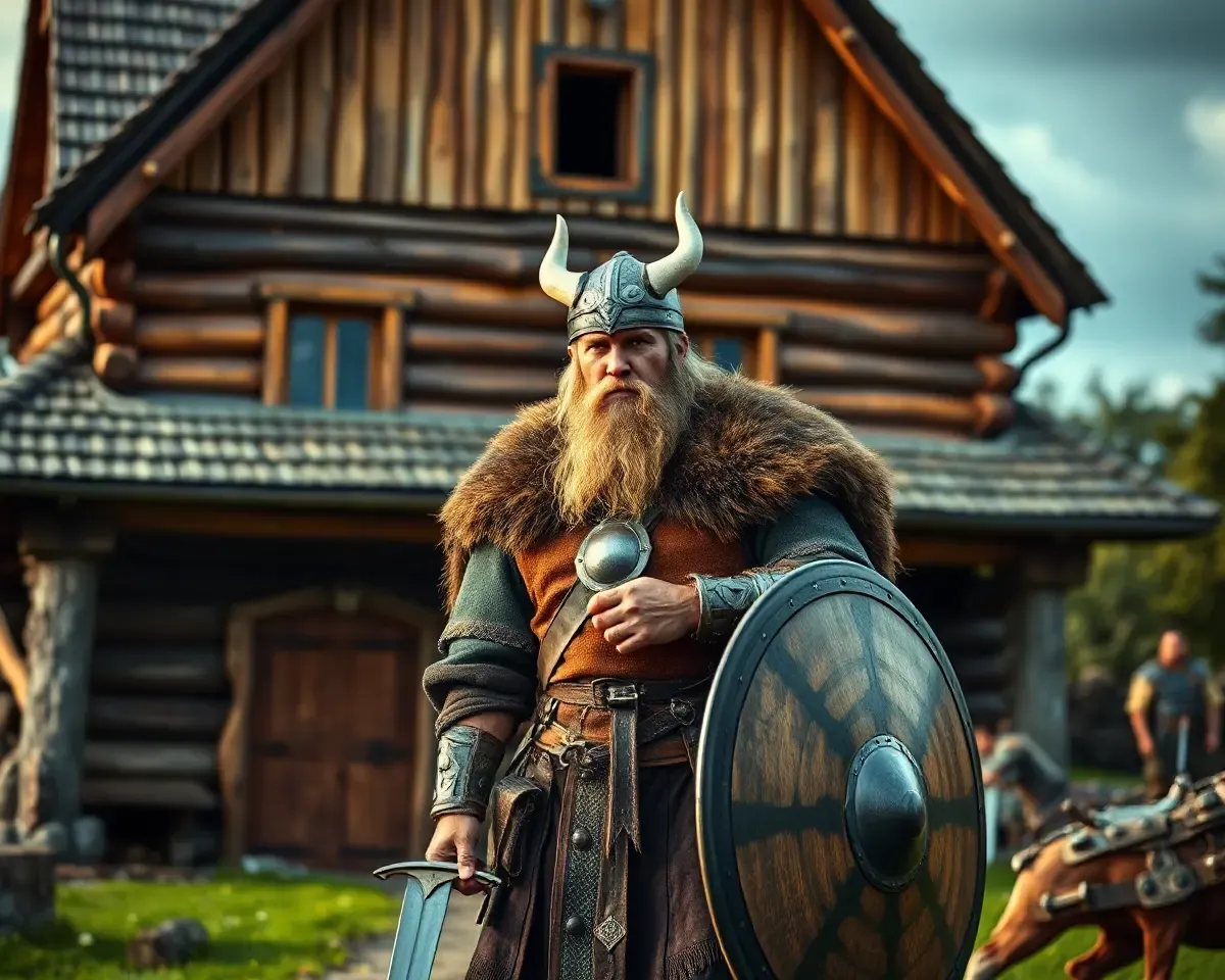 Viking Warrior Standing Proudly with Shield and Sword