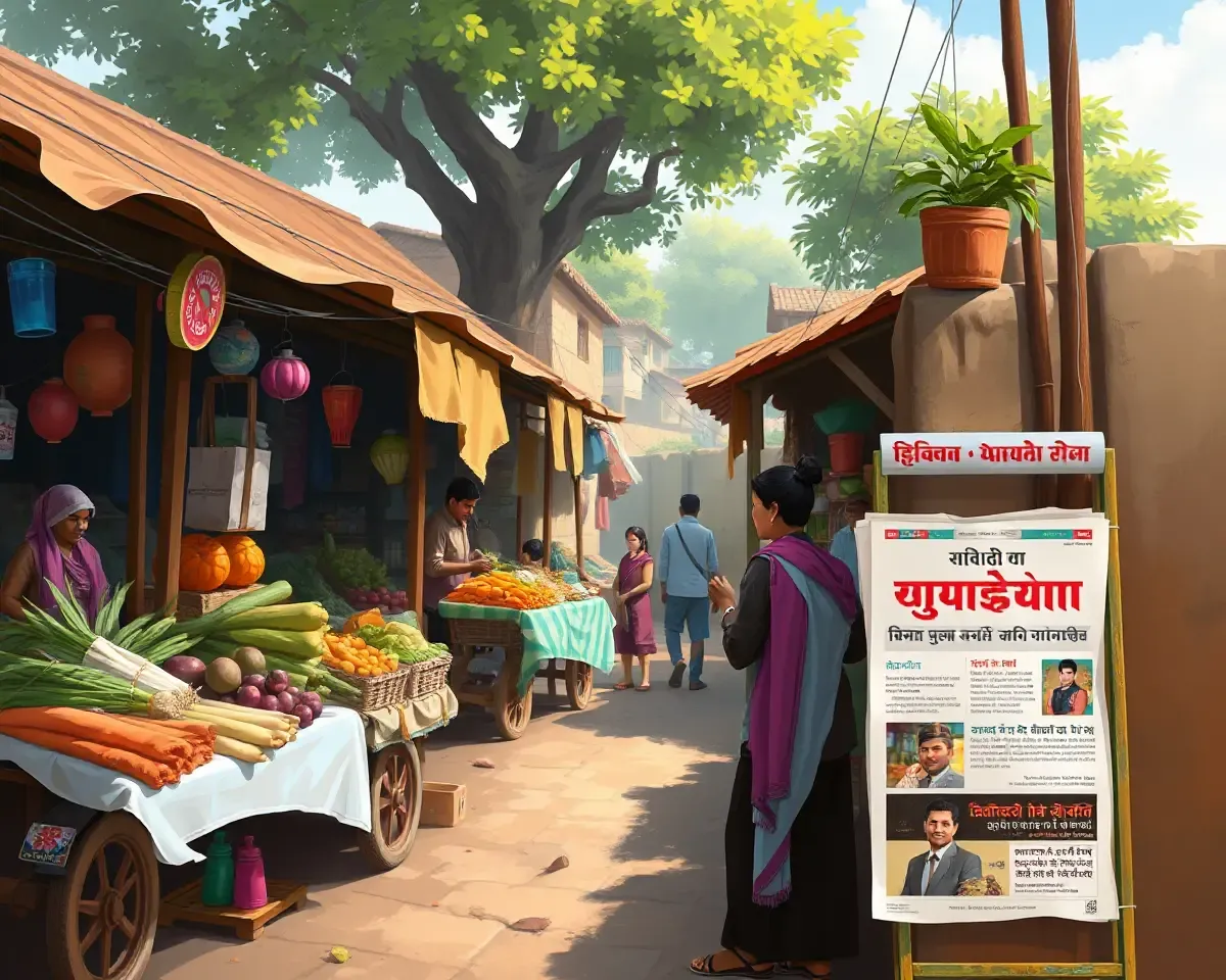 Village Market Scene with Newspaper Stand and Lagnachi Patrika