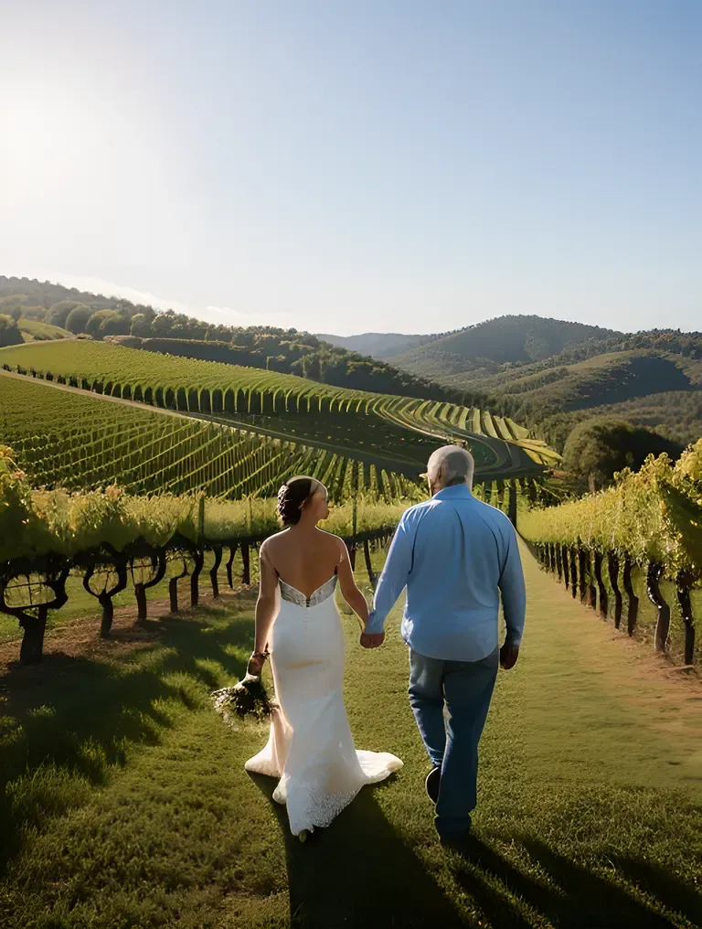 Vineyard Walk Hand-in-Hand Bride Father