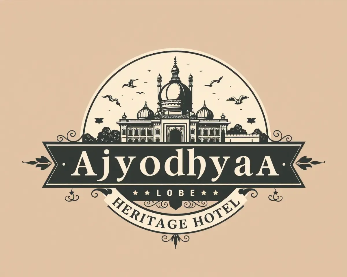 Vintage Ayodhya Heritage Hotel Logo with Ornate Illustrations