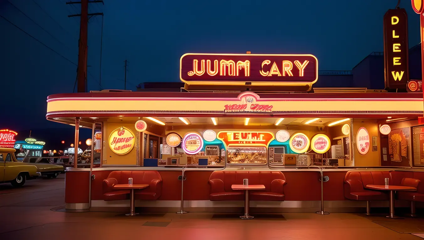 Vintage Diner Scene with Rummy Card Table and Neon Signs