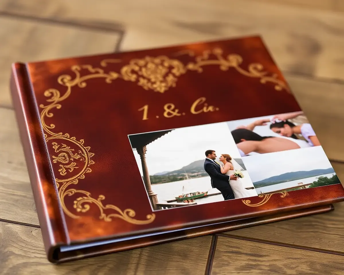 Vintage-Inspired Leather Wedding Album with Gold Filigree