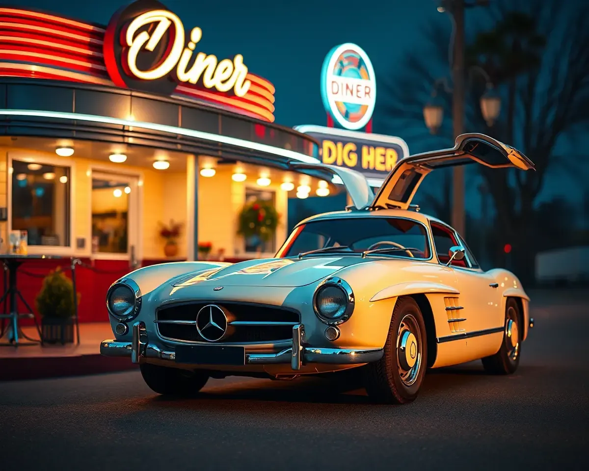 Vintage Mercedes-Benz 300SL Gullwing Diner 4K iPhone Wallpaper