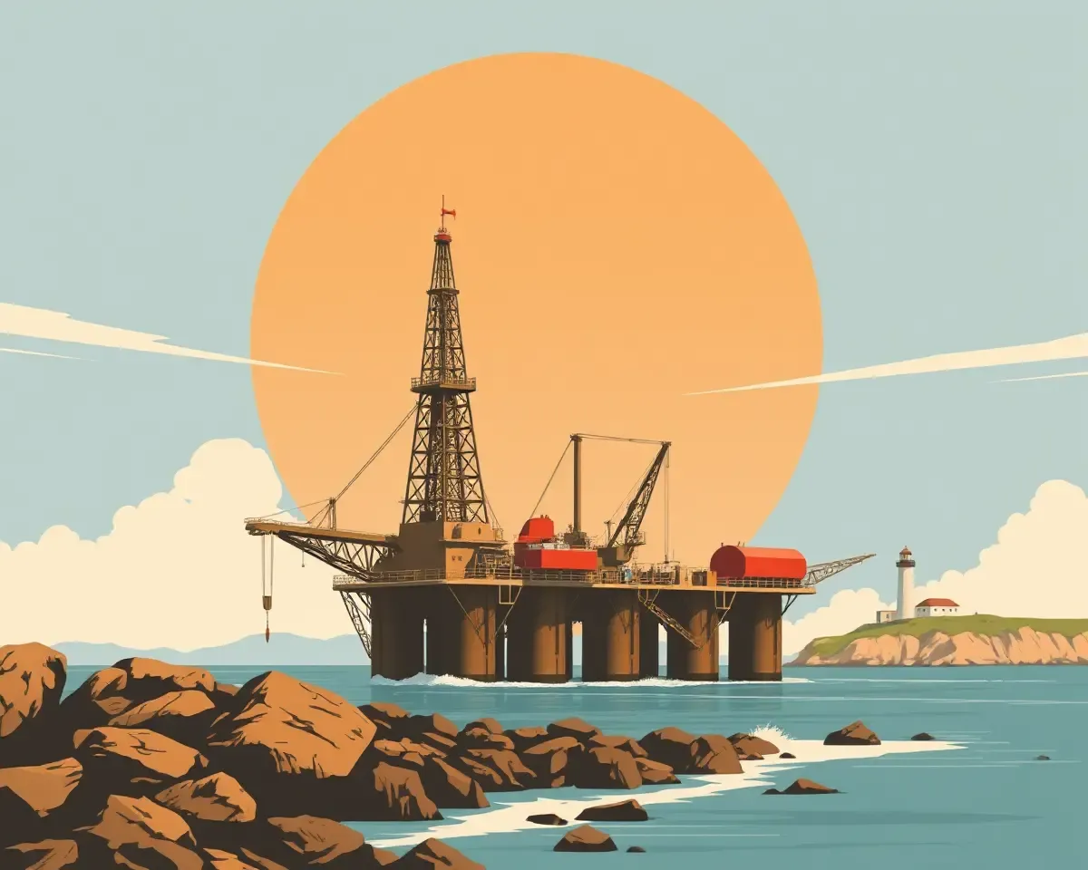 Vintage Oil Rig on Rocky Coastline with Lighthouse