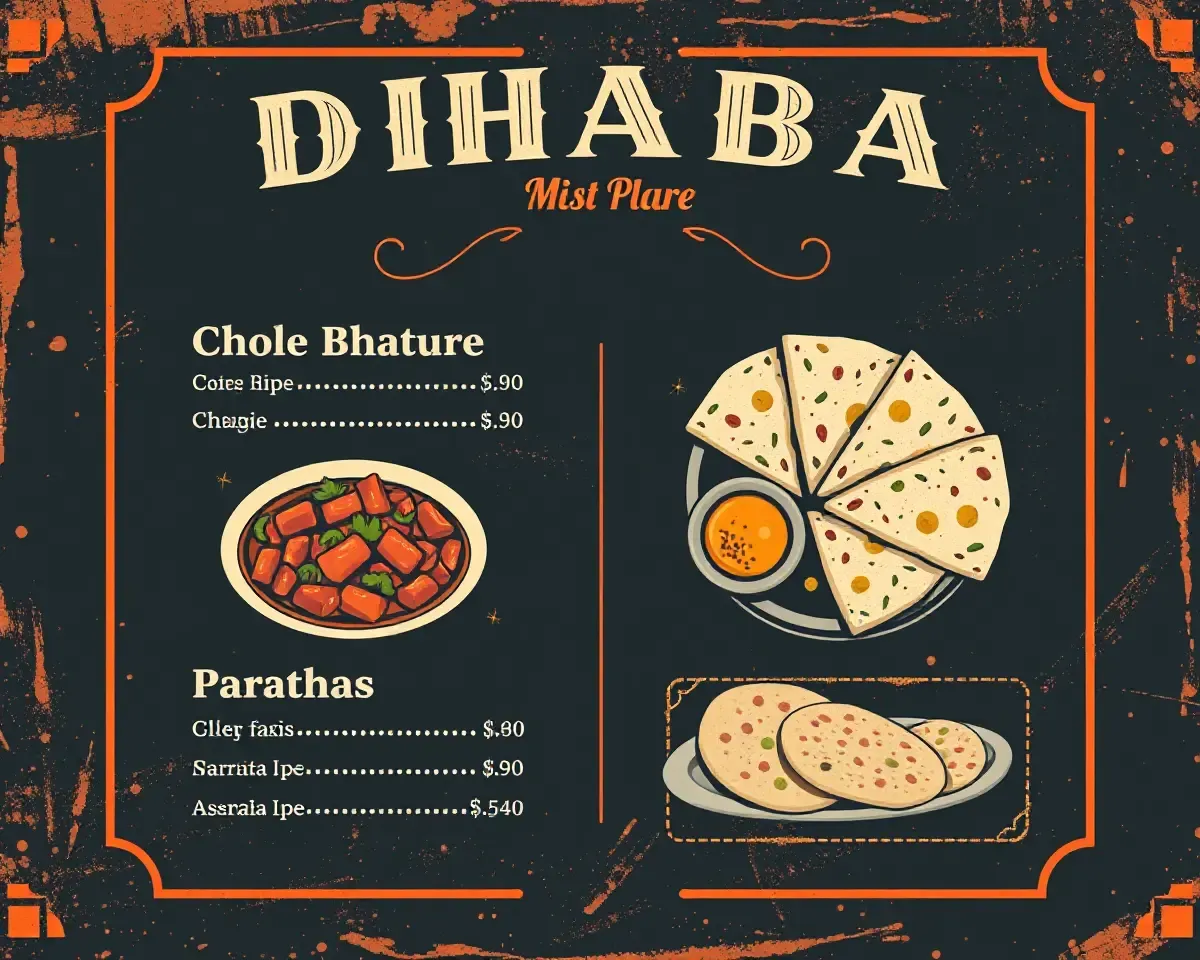 Vintage Punjabi Dhaba Menu Card with Chole Bhature and Parathas