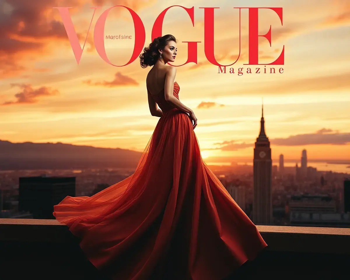 Vintage Vogue Poster: Glamorous Model in Cityscape