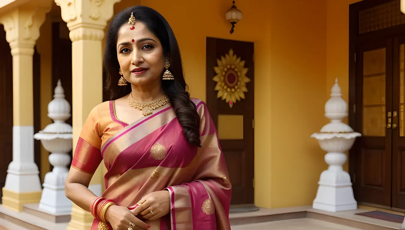 Vyjayanthimala in Traditional Indian Temple Setting with Sari