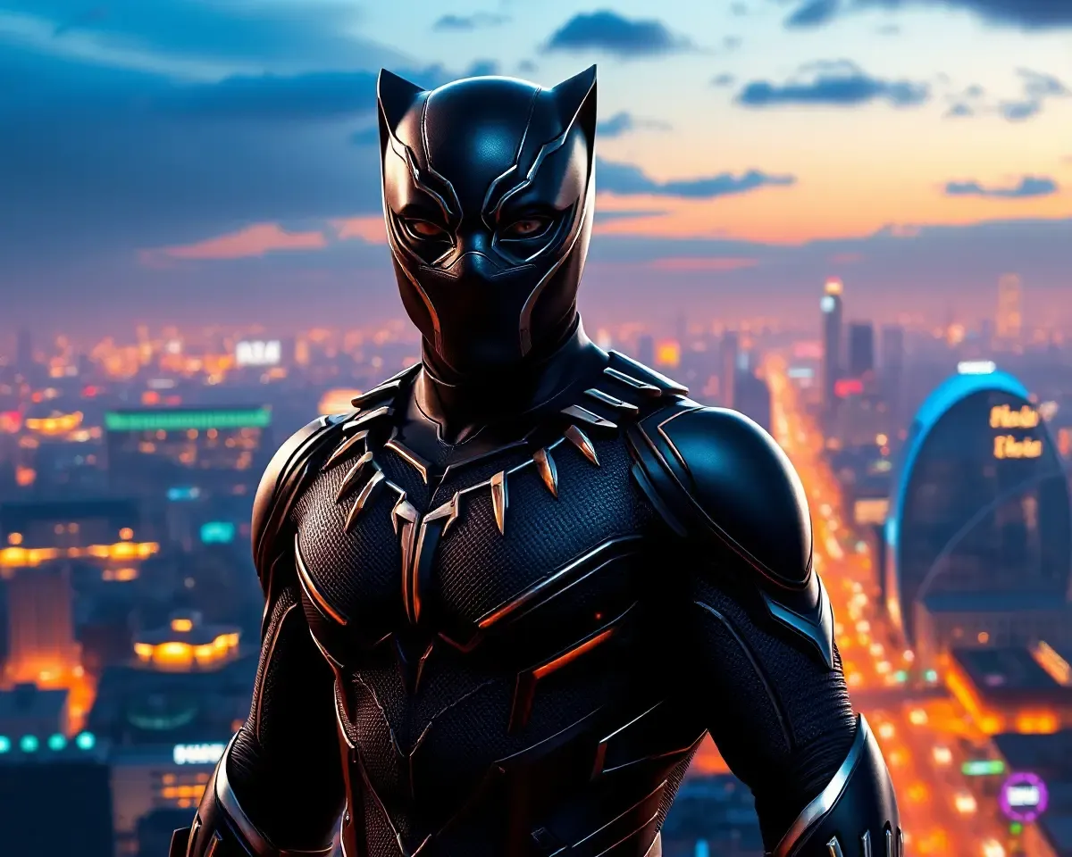 Wakanda's Capital Cityscape with Black Panther in Suit