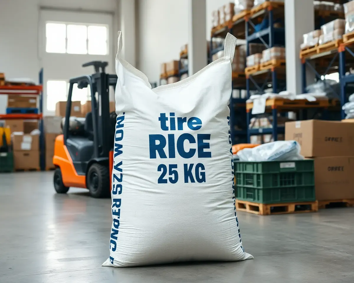 Warehouse Scene with 25 kg Rice Bag and Forklift PNG