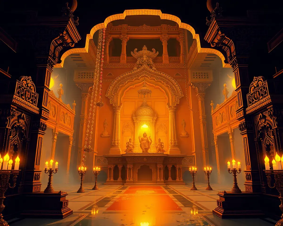 Warm Glow Illuminates Ayodhya Temple's Ornate Decorations