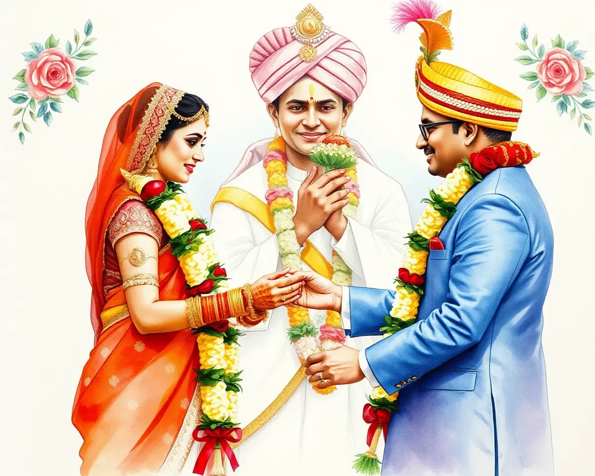 Watercolor Painting of Bride and Groom with Mangal Parinay Patrika