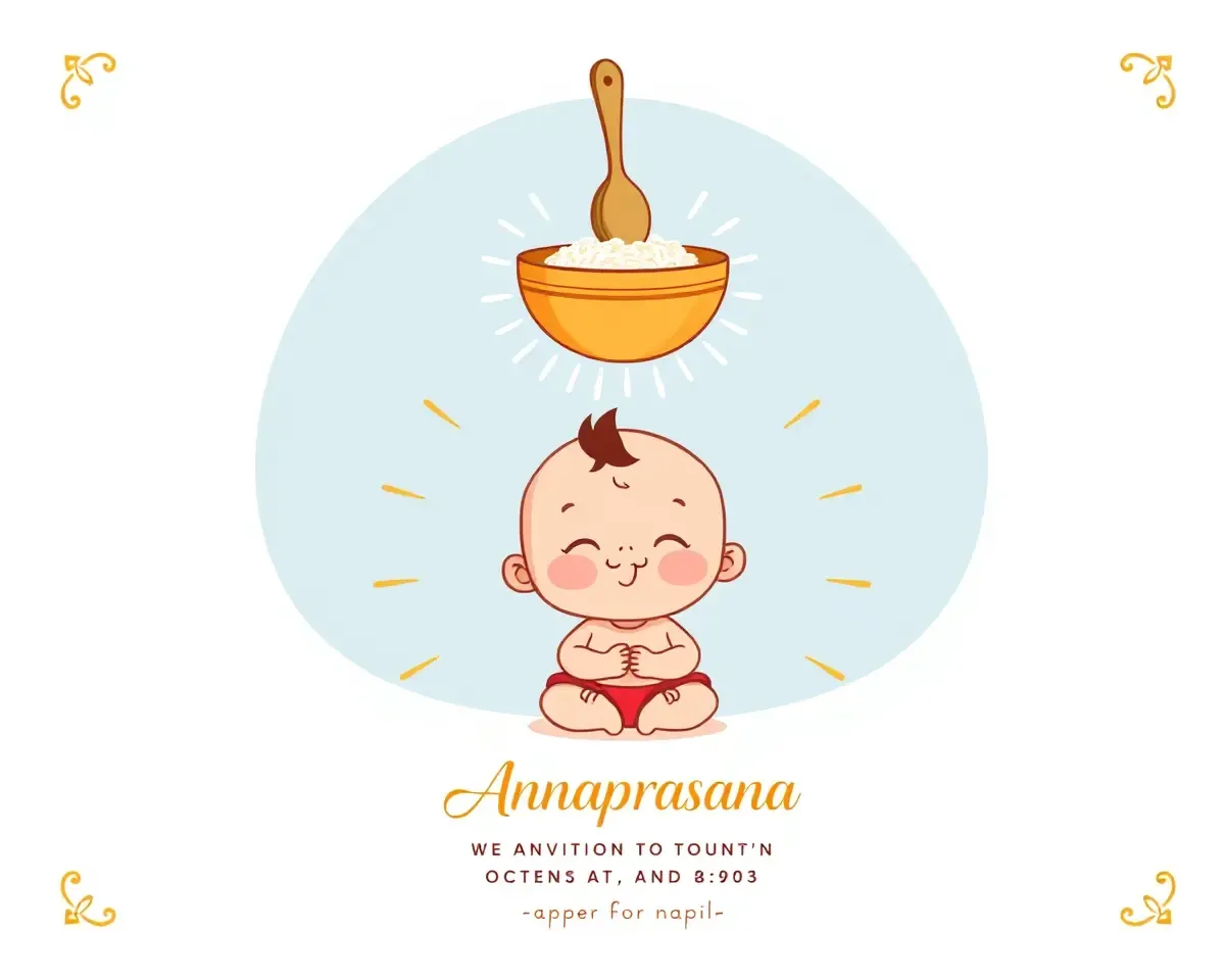 Whimsical Annaprasana Invitation Card with Cartoon Baby and Rice