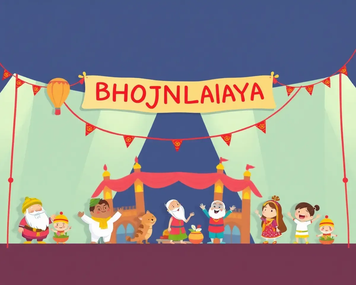 Whimsical Bhojnalaya Banner Captures Joy and Festive Atmosphere.