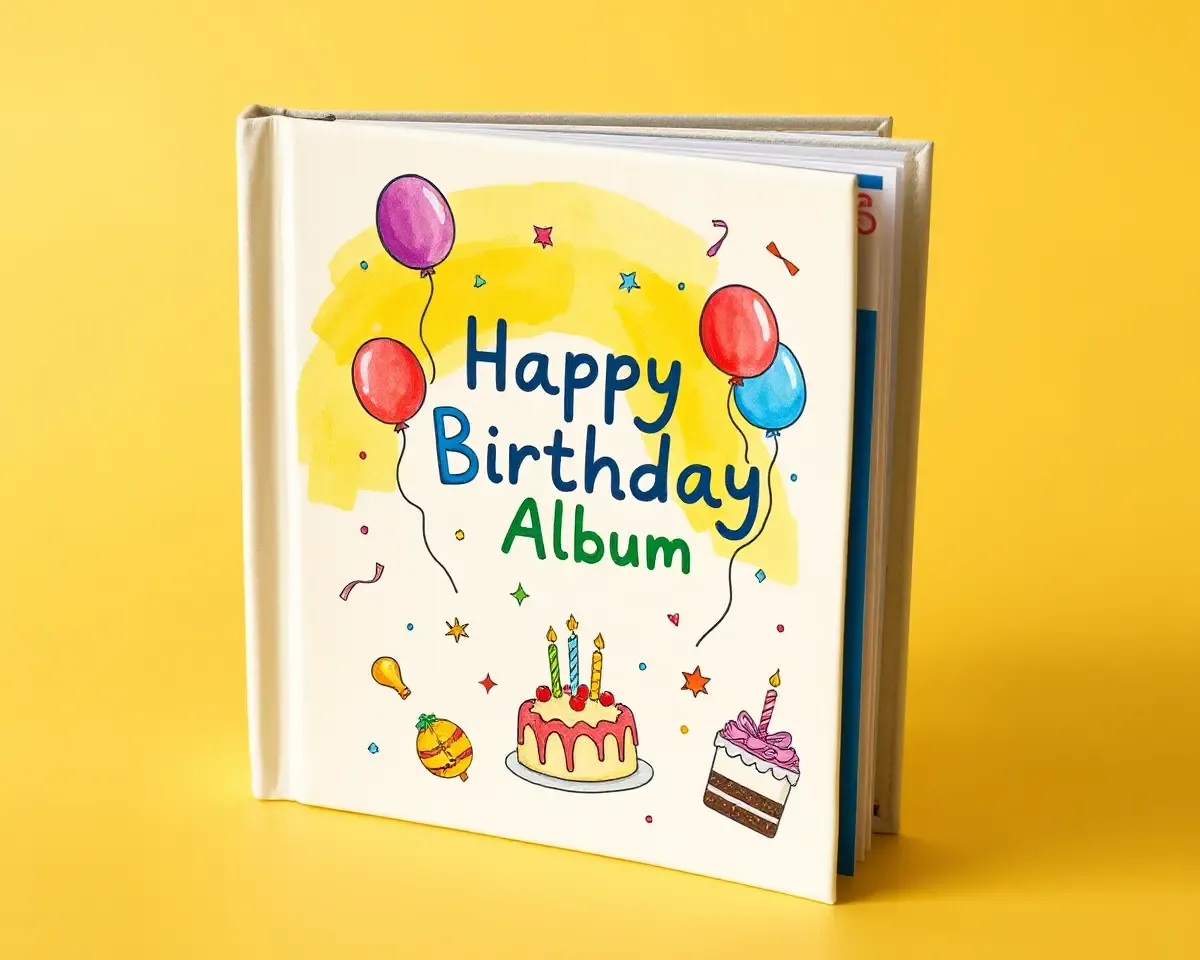 Whimsical Birthday Album with Watercolor Cover and Illustrations