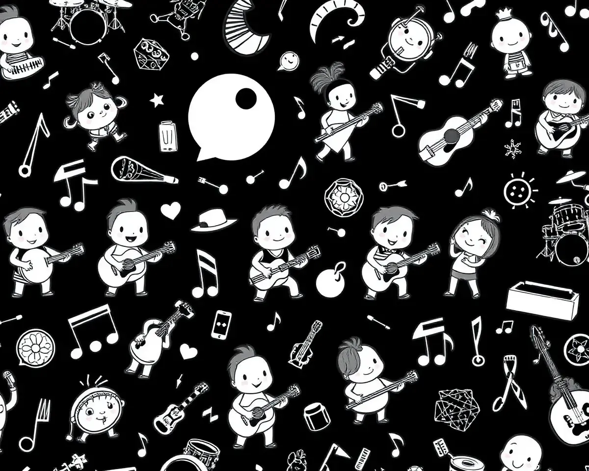 Whimsical Black Doodle Wallpaper with Cartoon Characters