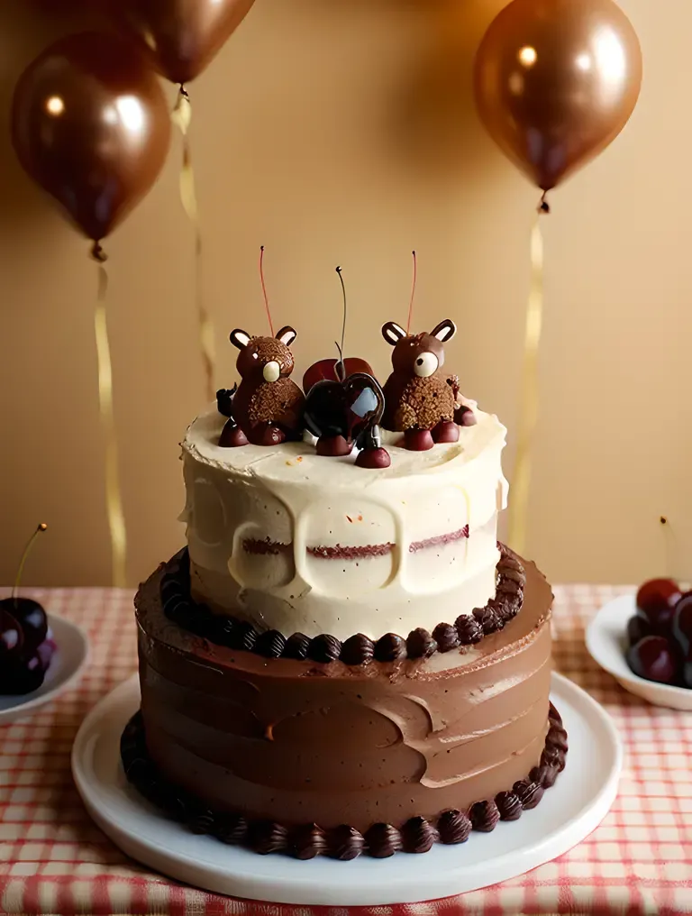Whimsical Black Forest Cake with Chocolate Animals and Cherries