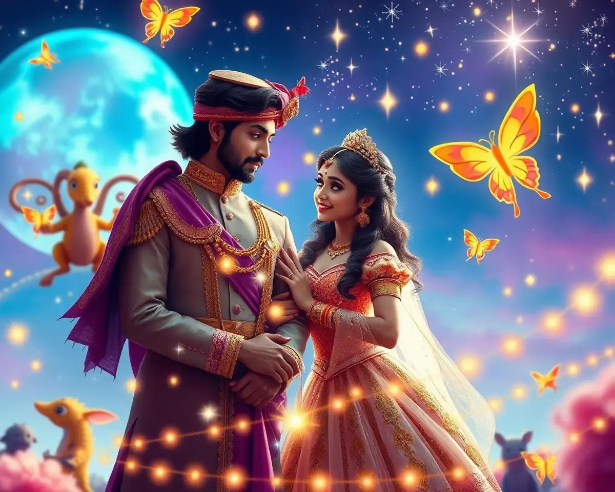 Whimsical Bollywood Fantasy Scene with Princess and Prince