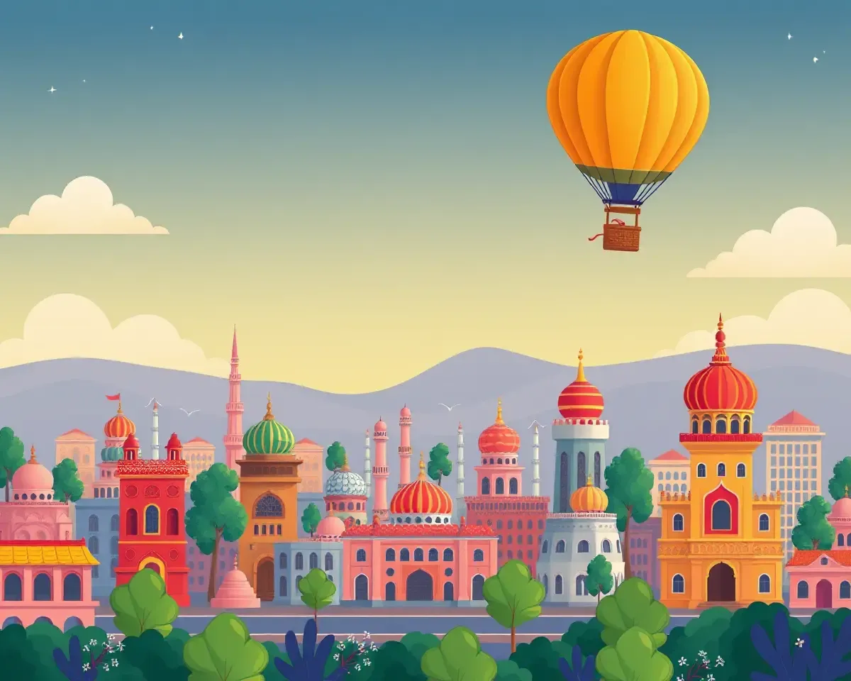 Whimsical City with Cartoon Buildings and Hot Air Balloon on Jagran Banner