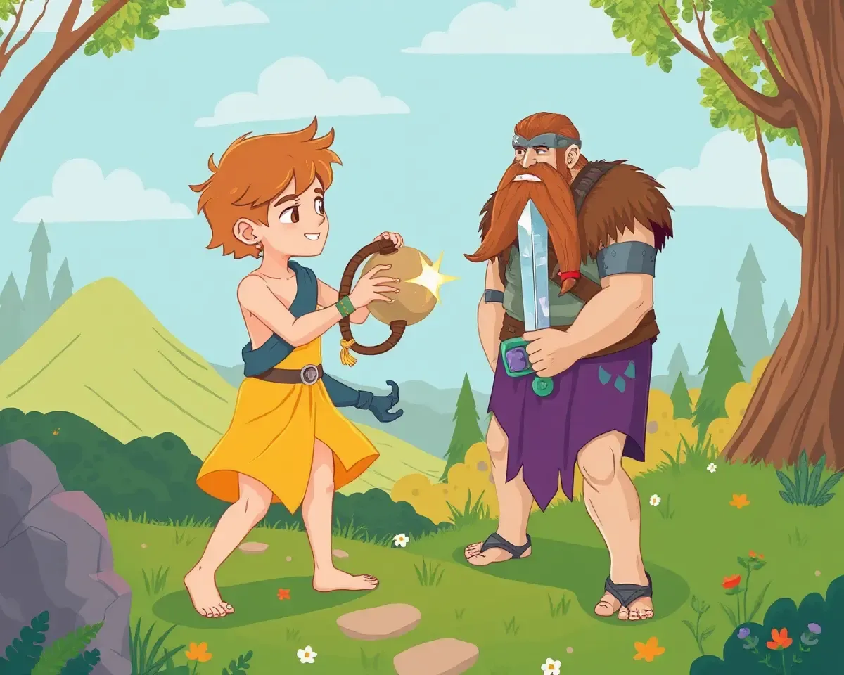 Whimsical David and Goliath Fantasy Coloring Page