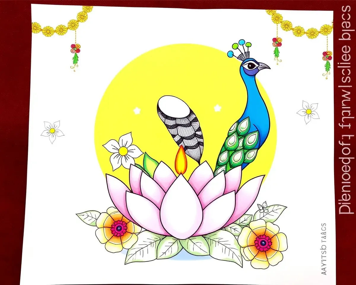 Whimsical Diwali Design: Majestic Peacock and Lotus Flower