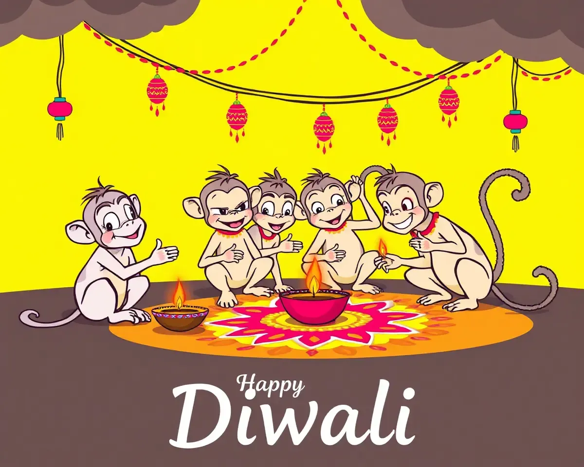 Whimsical Diwali Illustration: Mischievous Monkeys Playing with Diyas