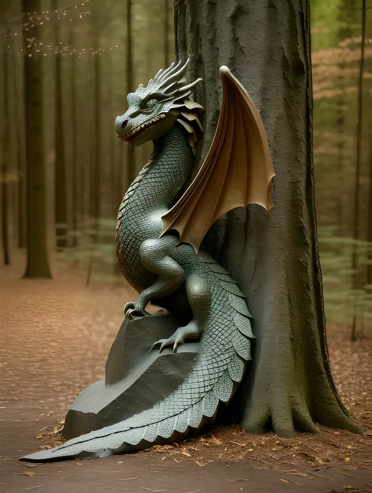 Whimsical Dragon Stone Carving Around Tree Trunk