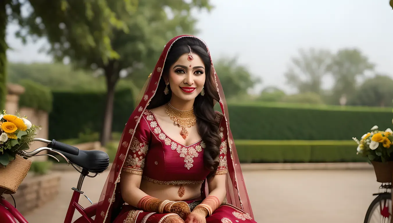 Whimsical Dulhan on Vintage Bike with Flowers and Veil.