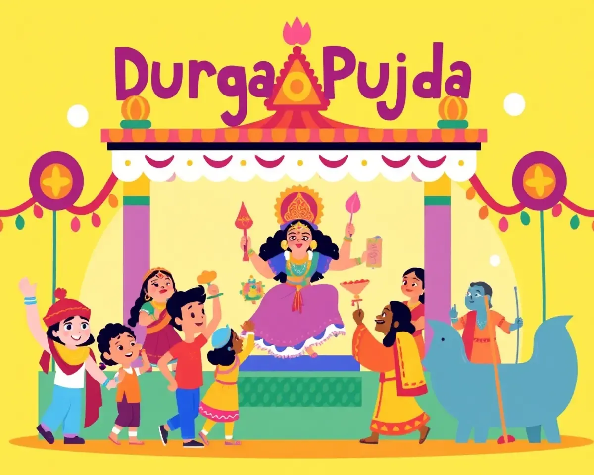 Whimsical Durga Puja Pandal with Cartoon Characters and Vibrant Colors