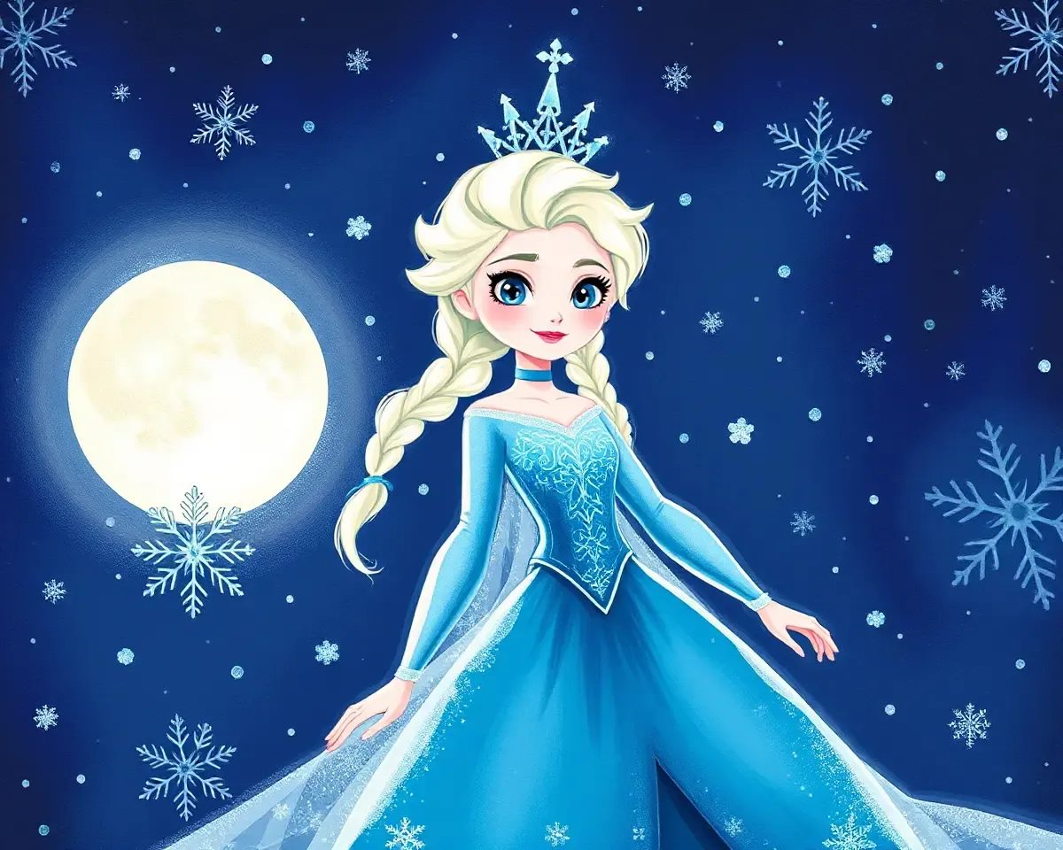 Whimsical Elsa Frozen PNG with Snowflakes and Starry Night Sky