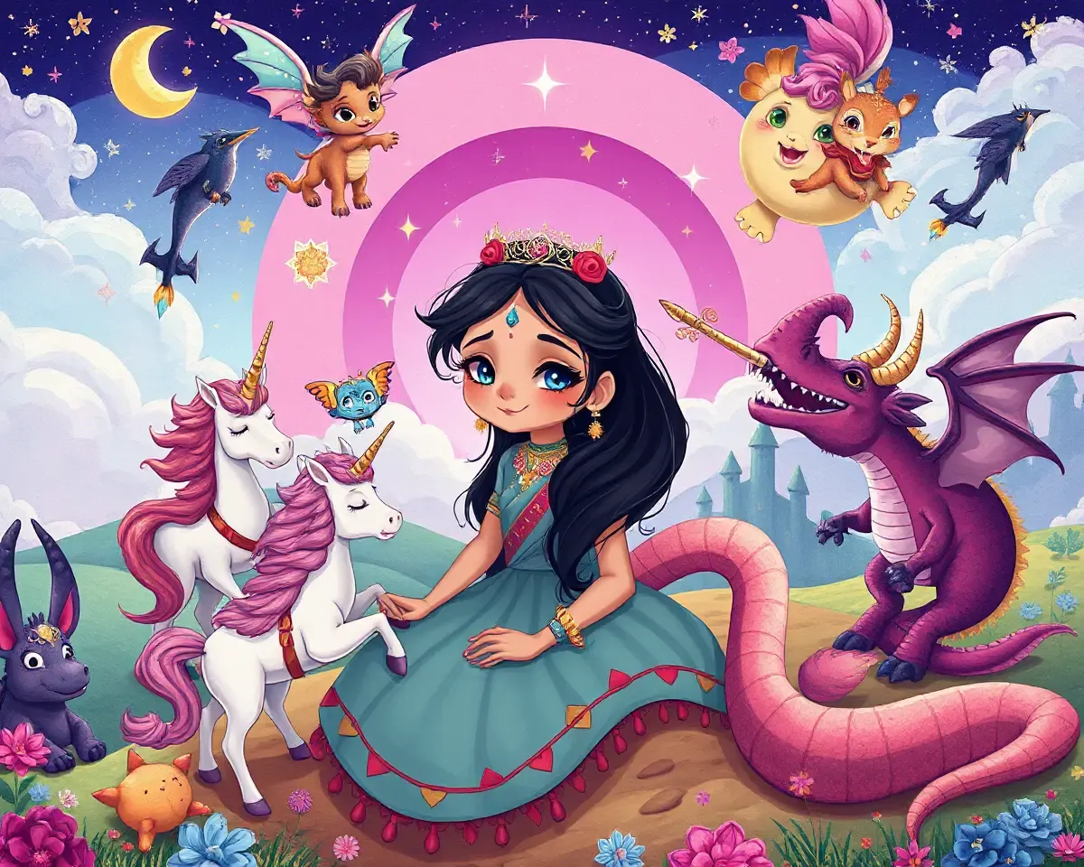 Whimsical Fantasy Illustration of Bhavi Amadar with Creatures