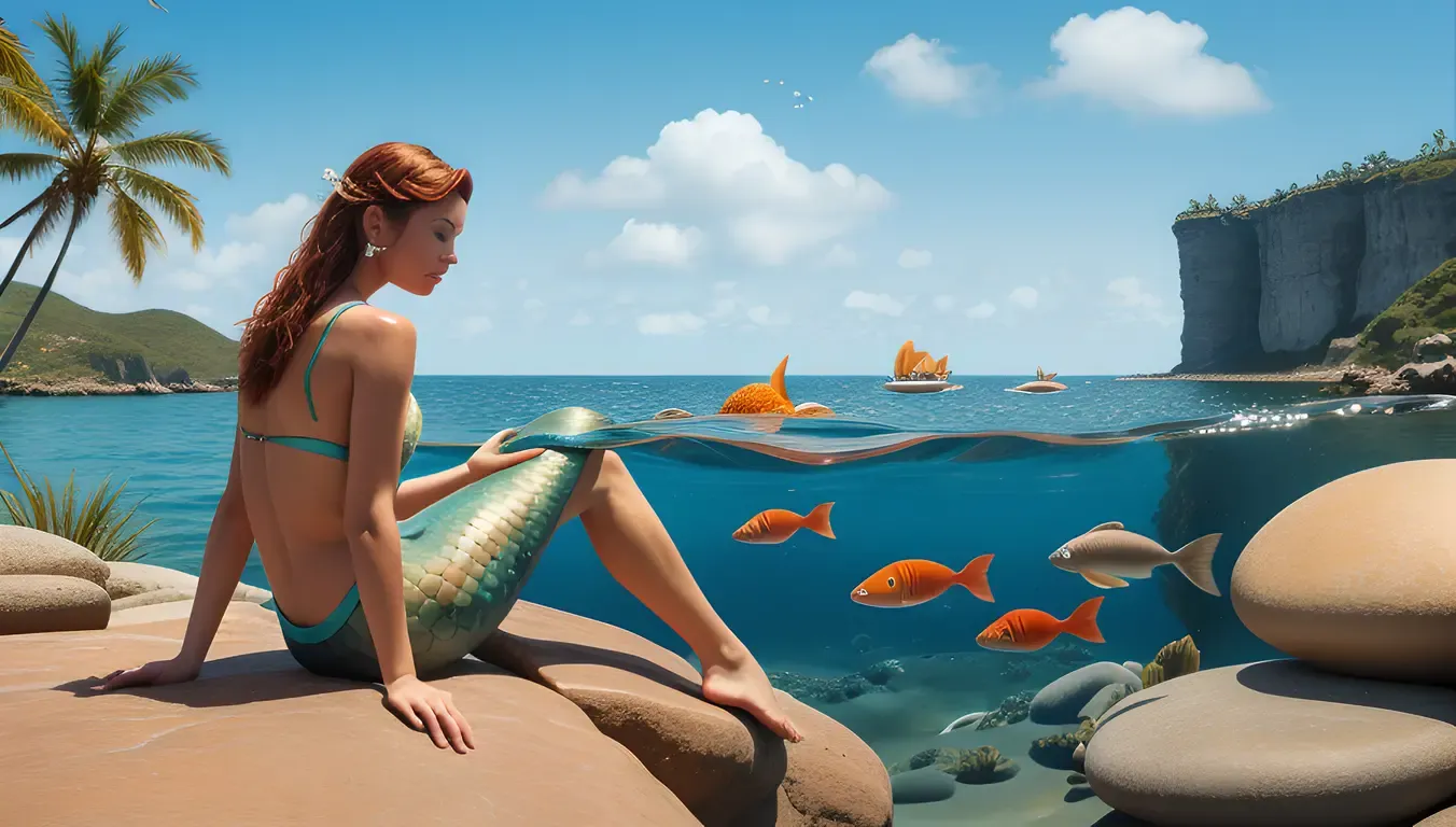 Whimsical Mermaid with theetam Shell and School of Fish
