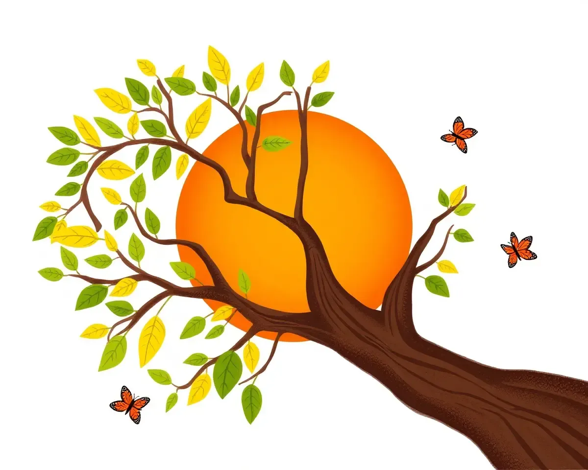 Whimsical Mosambi Tree with Orange Sun and Butterflies