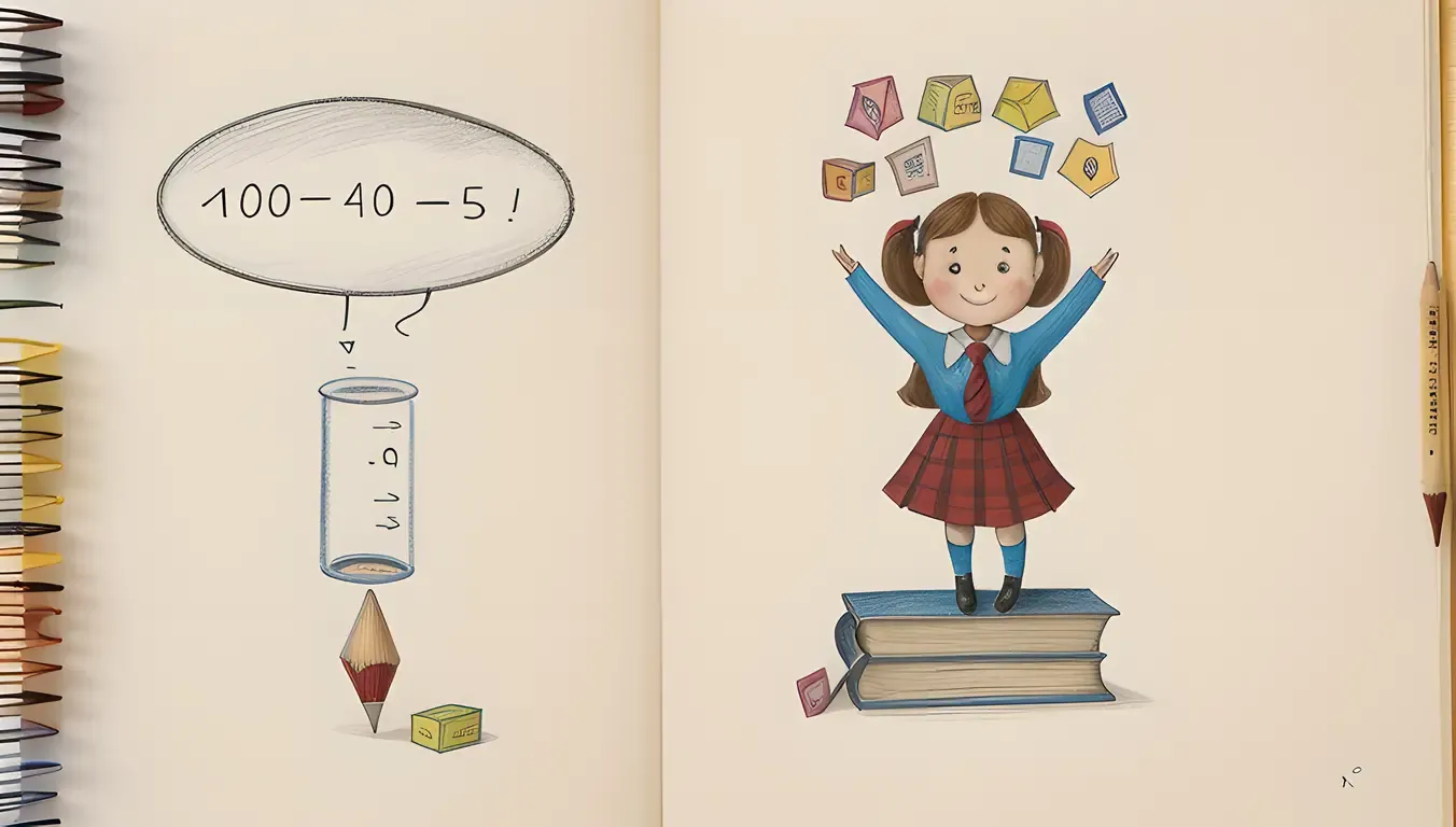 Whimsical School Girl Floats with Books and Thought Bubbles