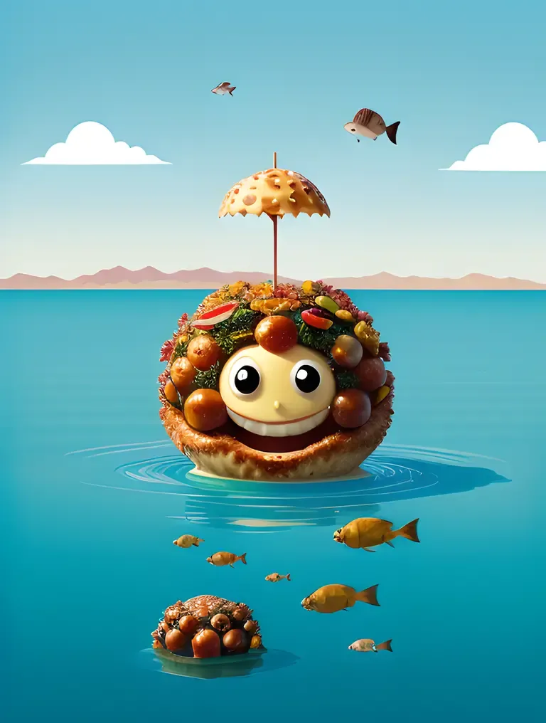Whimsical Takoyaki Ball with Sea Creatures and Seaweed Images.
