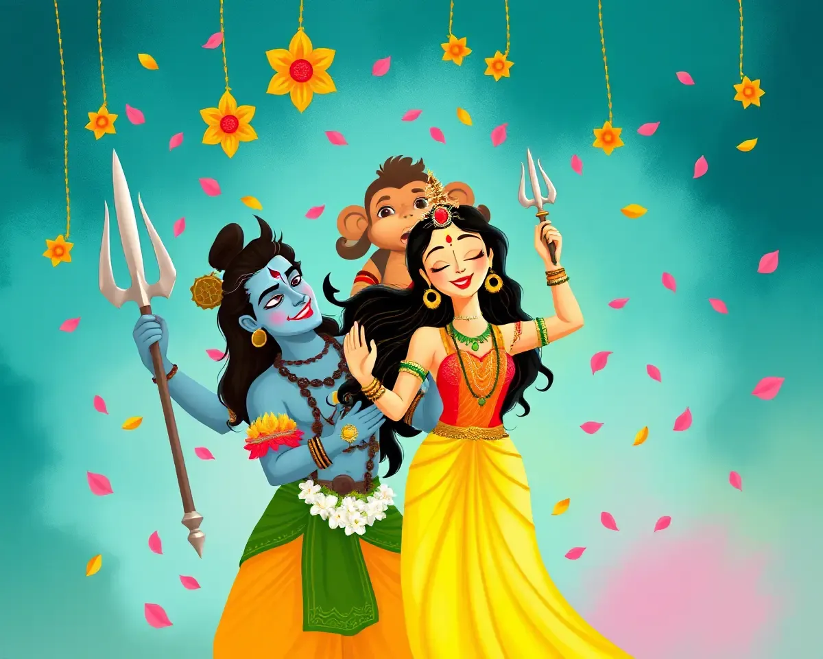 Whimsical Tulsi Vivah Scene with Lord Shiva, Goddess Parvati, and Hanuman