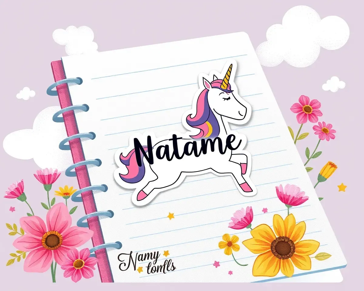 Whimsical Unicorn-Shaped Name Sticker on Notebook Cover